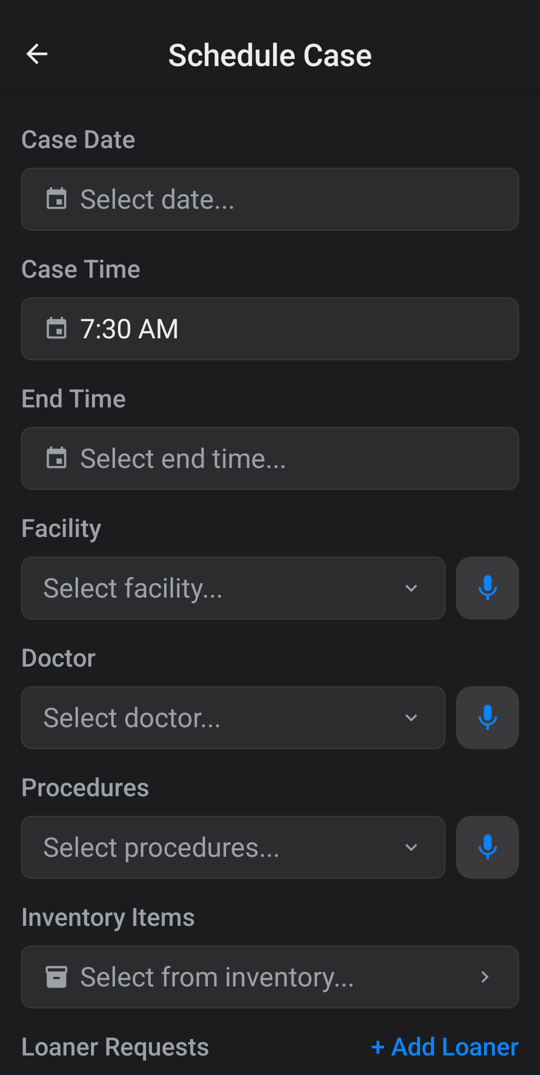 Schedule case screen